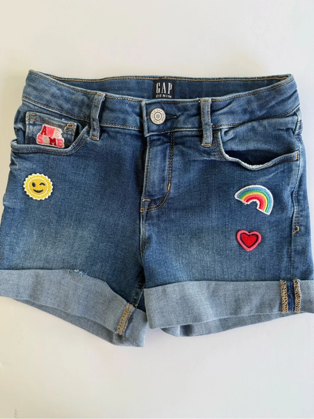 GAP‎ Kids Stretch Midi Denim Shorts Emoji Rainbow Heart Smiley Face Size 10